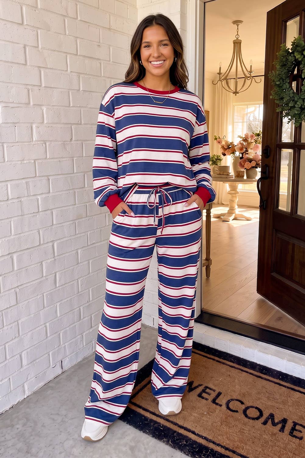 LAS Striped Patchwork Crew Neck Set Khaki Stripe