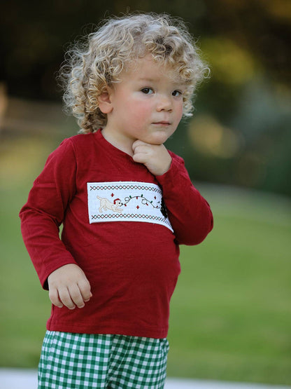 Christmas Tree Dog Smocking Embroidered  Plaid Boys Set: 2