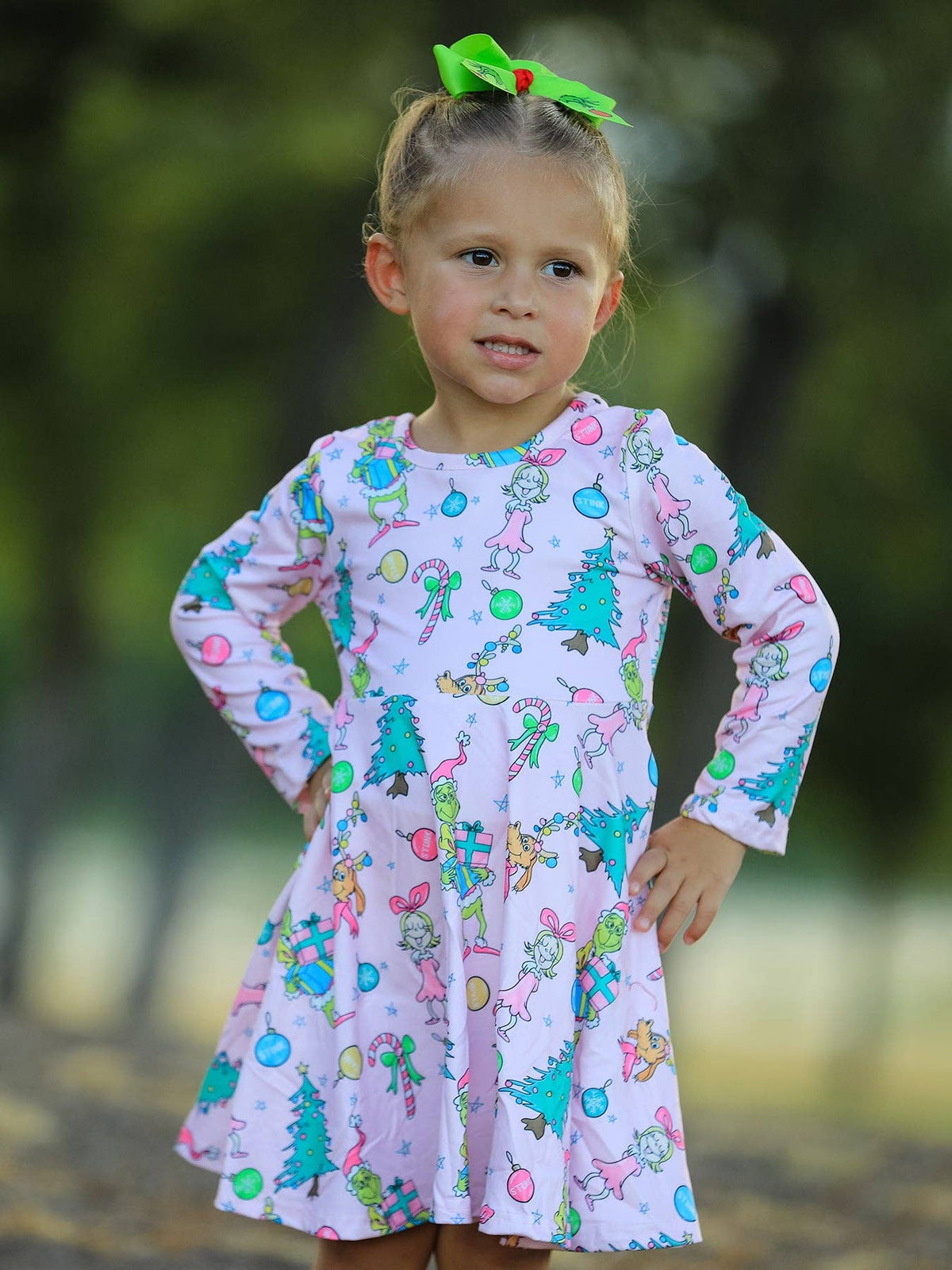 Pink Christmas Character Print Long Sleeve Girls Dress: 7
