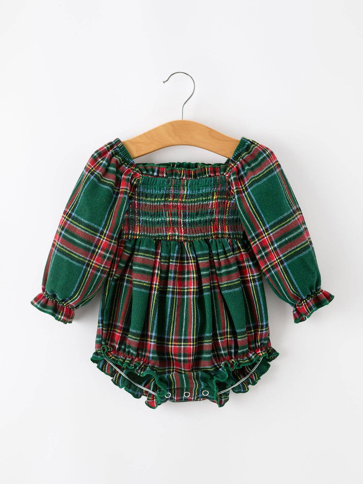 Christmas Plaid Smocked Baby Girl Bubble Romper Ruffle Detail: 18M