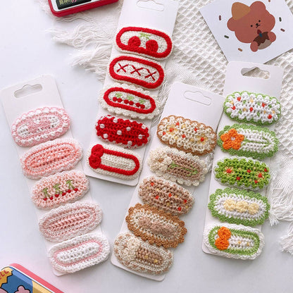 Five Cute Flower Knit Hair Clips for Girls: 1-Pink Set