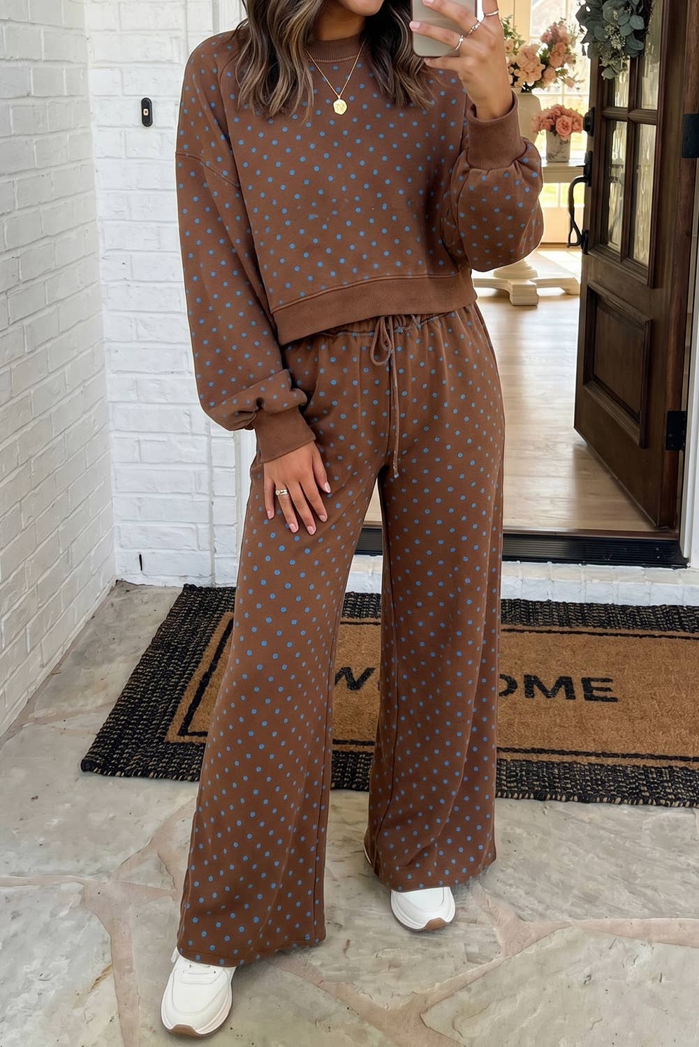 LAS Polka Dot Casual Shift Drawstring Pants Brown