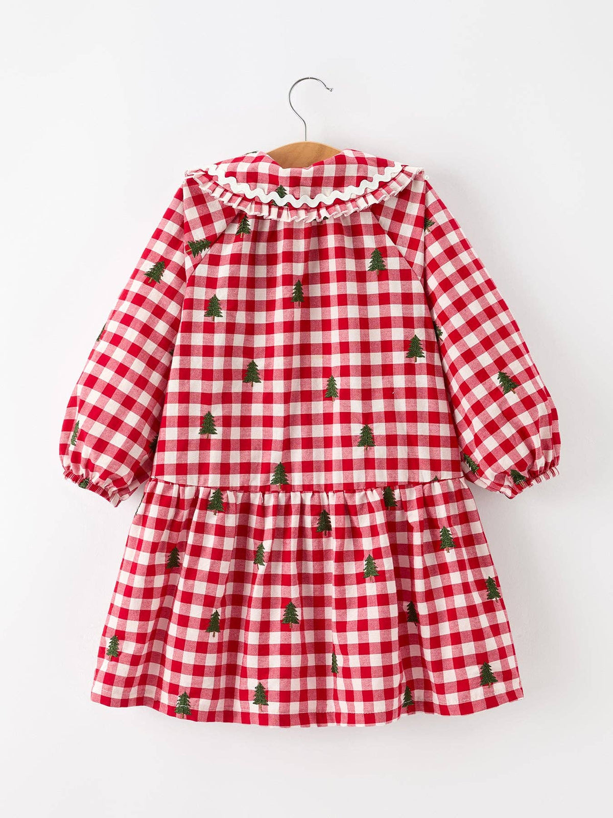 Christmas Tree Embroidered Plaid Girls Ruffle Collar Dress: 4