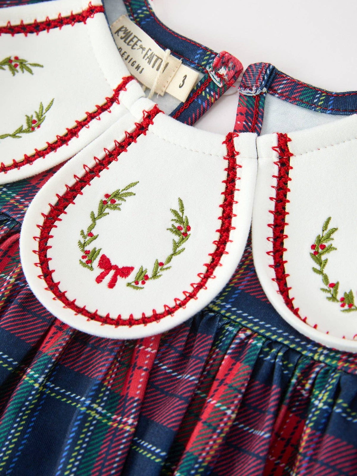 Navy Red Christmas Plaid Wreath Embroidered Girl Dress: 6
