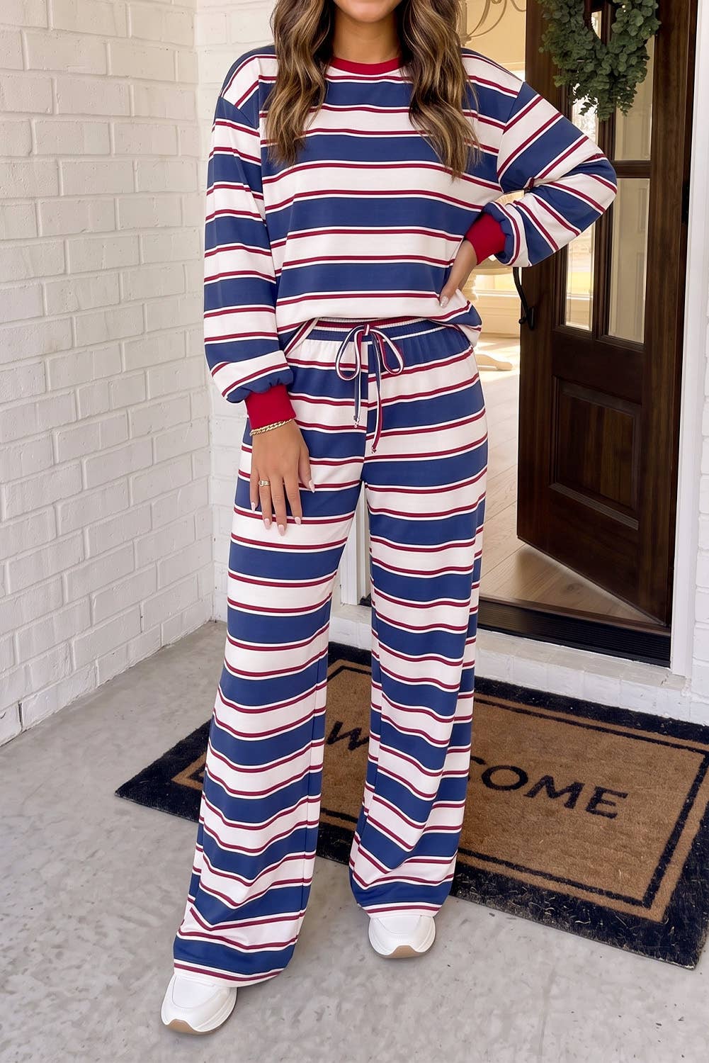 LAS Striped Patchwork Crew Neck Set Khaki Stripe