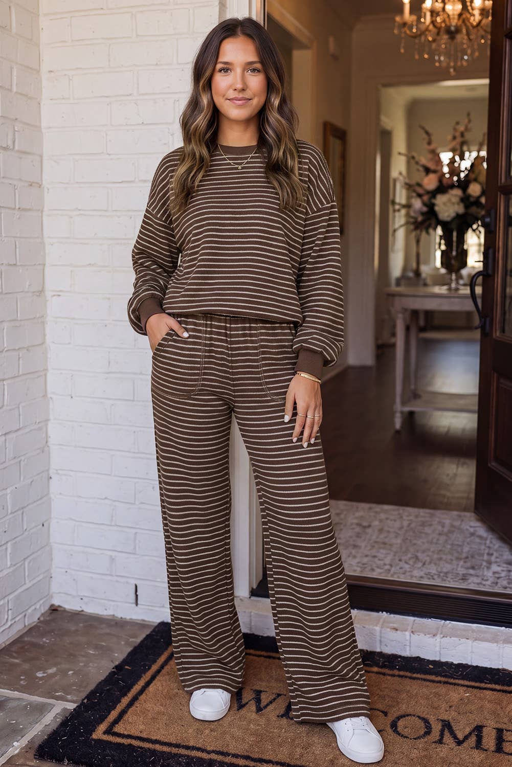 LAS Cozy Striped Crew Neck Pocketed Pants Set Brown Stripe