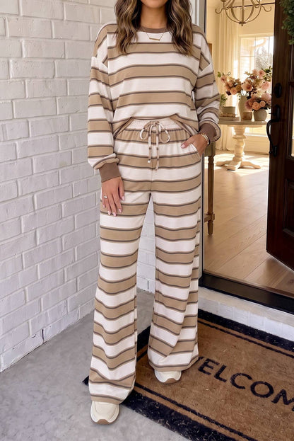 LAS Striped Patchwork Crew Neck Set Khaki Stripe