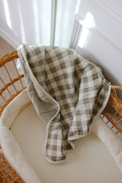 Evergreen Gingham QUILTED 6 Layer Gauze Blanket