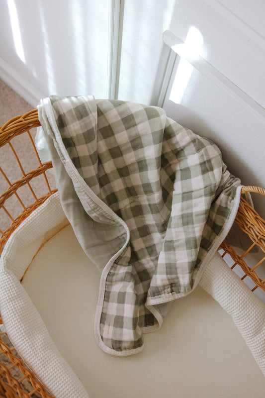 Evergreen Gingham QUILTED 6 Layer Gauze Blanket