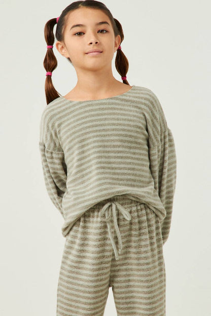 Girls Brushed Stripe Puff Sleeve Knit Top : Olive