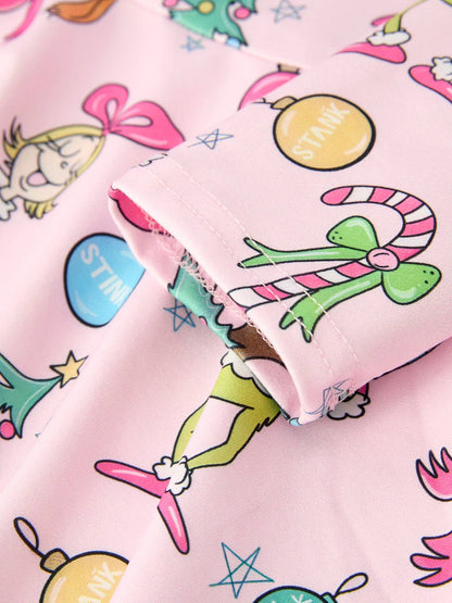Pink Christmas Character Print Long Sleeve Girls Dress: 7