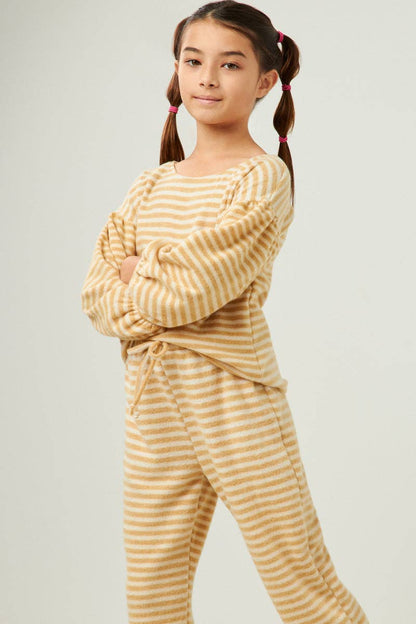 Girls Brushed Stripe Puff Sleeve Knit Top : Olive