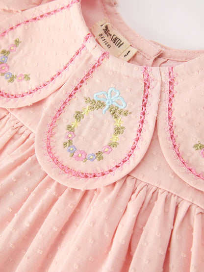 Fall Baby Girl Pink Floral Embroidered Peter Pan Collar Dress: 4