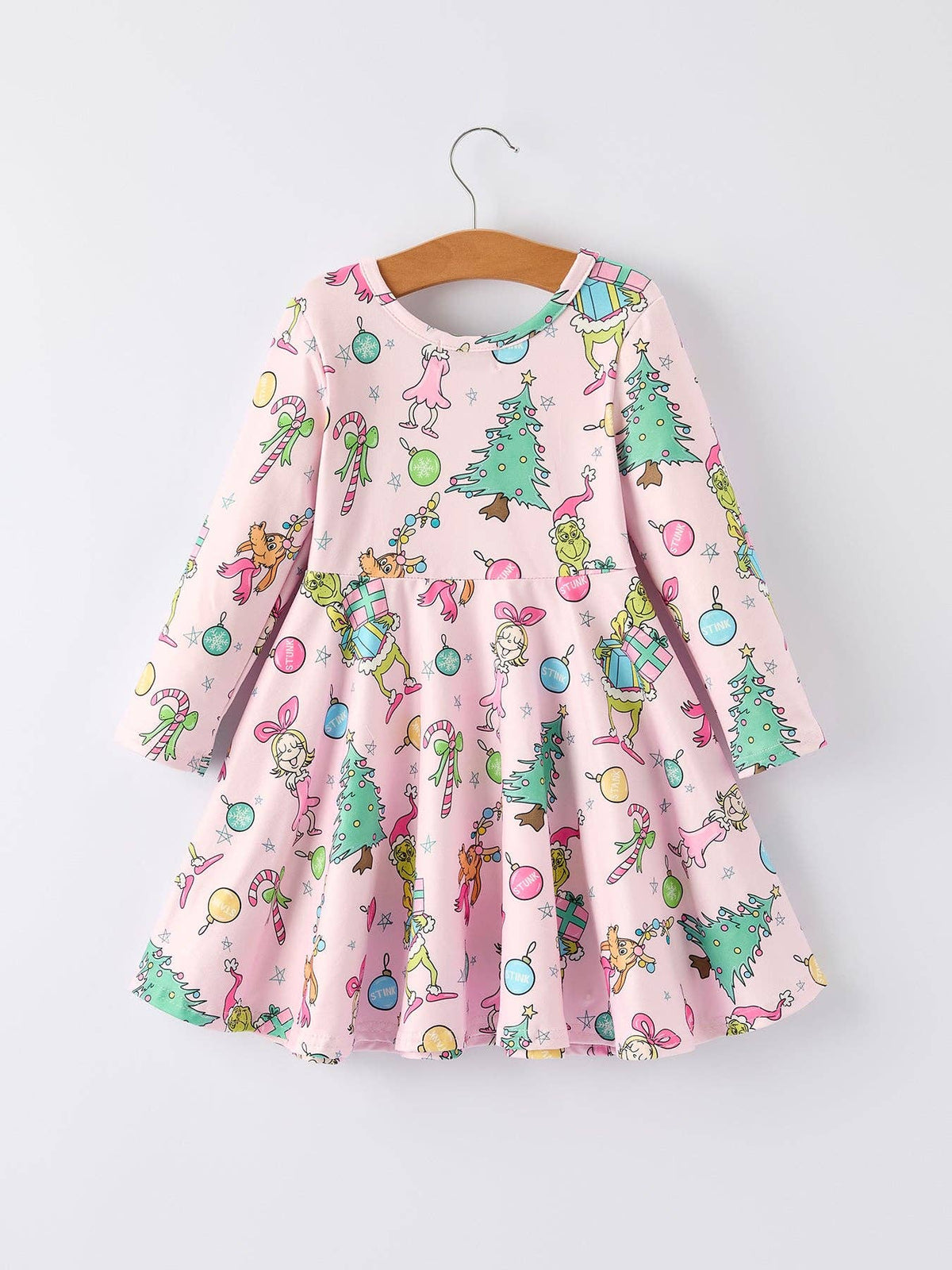 Pink Christmas Character Print Long Sleeve Girls Dress: 7