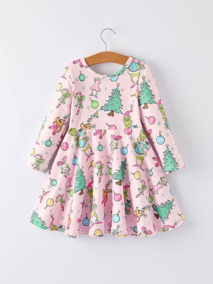 Pink Christmas Character Print Long Sleeve Girls Dress: 4