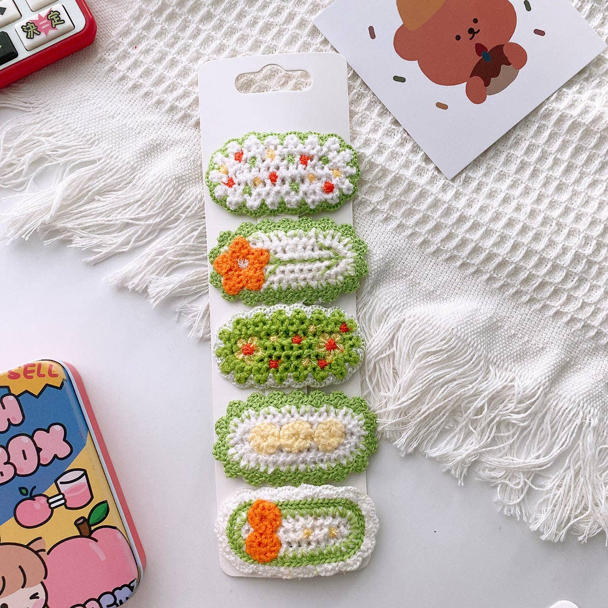 Five Cute Flower Knit Hair Clips for Girls: 5-Brown Set