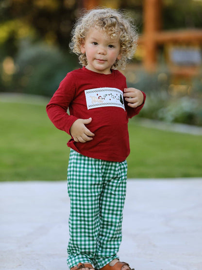 Christmas Tree Dog Smocking Embroidered  Plaid Boys Set: 6