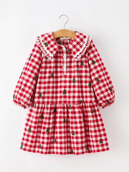 Christmas Tree Embroidered Plaid Girls Ruffle Collar Dress: 6