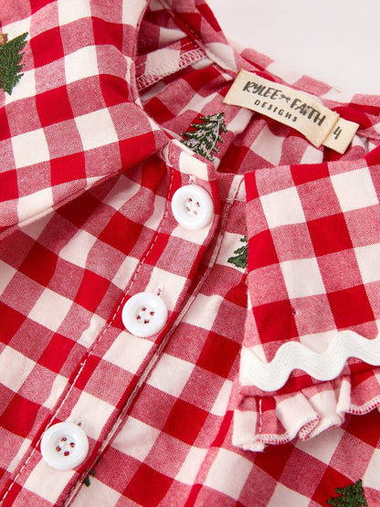 Christmas Tree Embroidered Plaid Girls Ruffle Collar Dress: 5