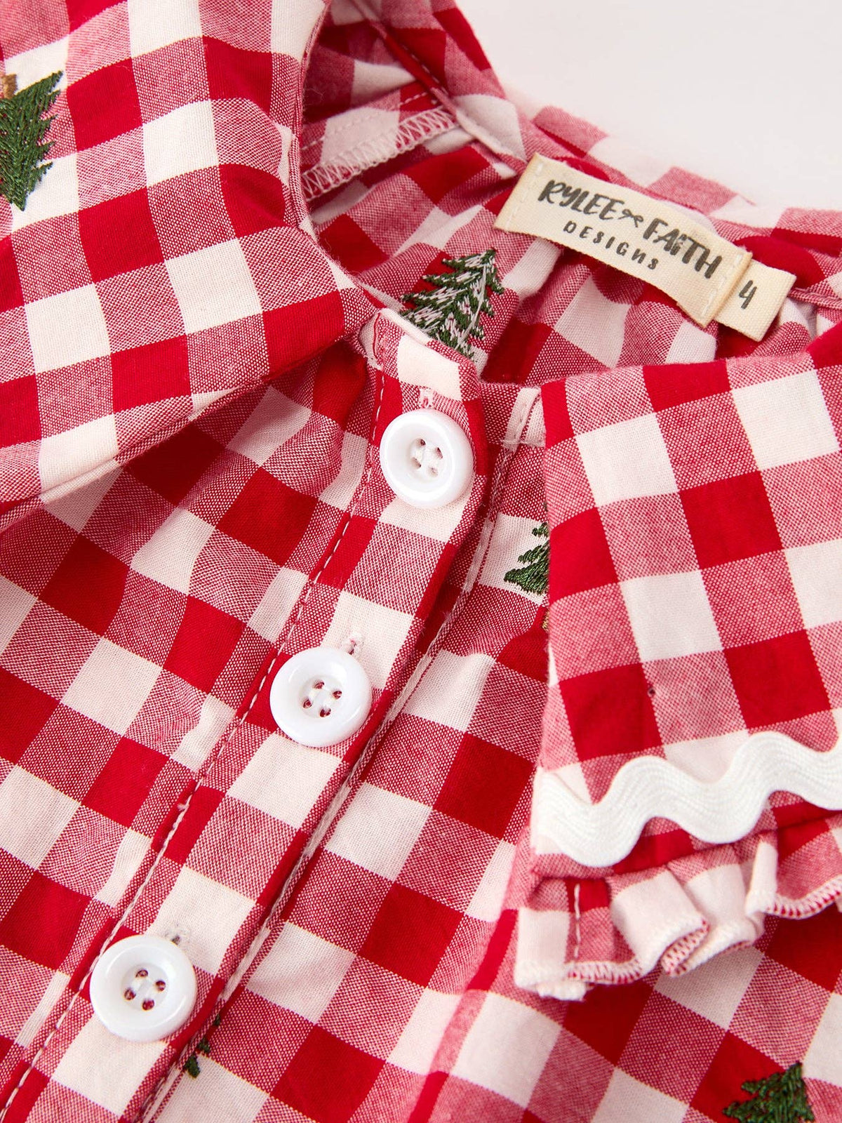 Christmas Tree Embroidered Plaid Girls Ruffle Collar Dress: 3