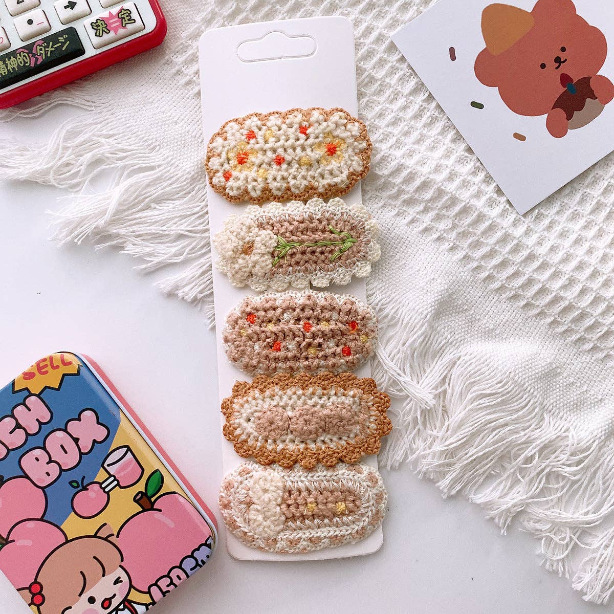 Five Cute Flower Knit Hair Clips for Girls: 1-Pink Set