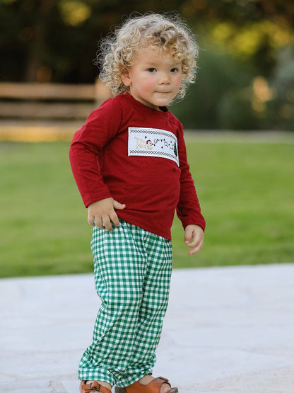 Christmas Tree Dog Smocking Embroidered  Plaid Boys Set: 4