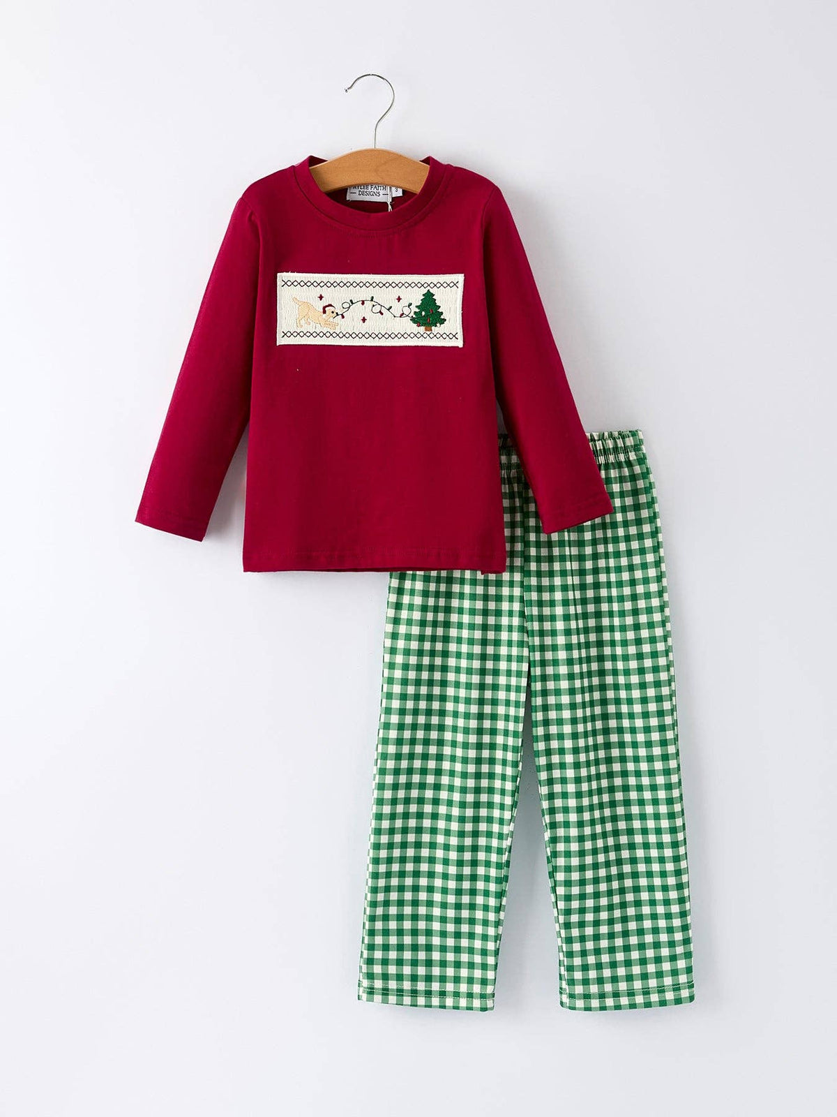 Christmas Tree Dog Smocking Embroidered  Plaid Boys Set: 6