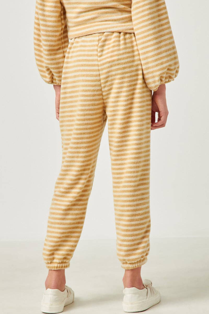 Girls Drawstring Waist Brushed Striped Jogger:Olive