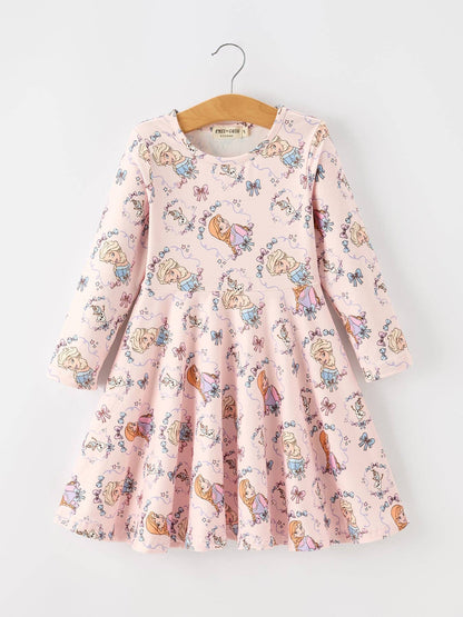 Girls Pink Bow Print Long Sleeve Twirl Dress