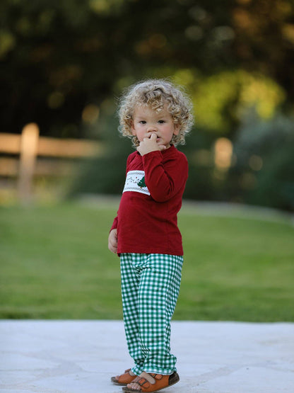Christmas Tree Dog Smocking Embroidered  Plaid Boys Set: 6