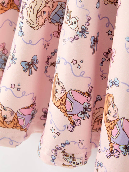 Girls Pink Bow Print Long Sleeve Twirl Dress