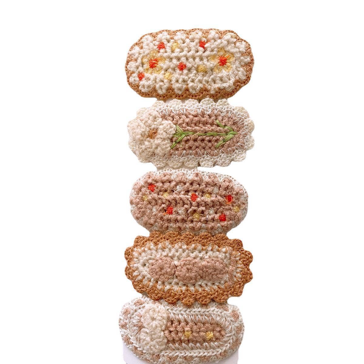 Five Cute Flower Knit Hair Clips for Girls: 5-Brown Set