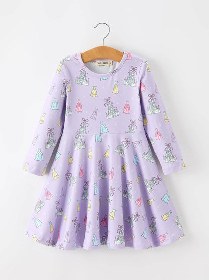 Girls Lavender Castle and Dress Print Long Sleeve Twirl Dress