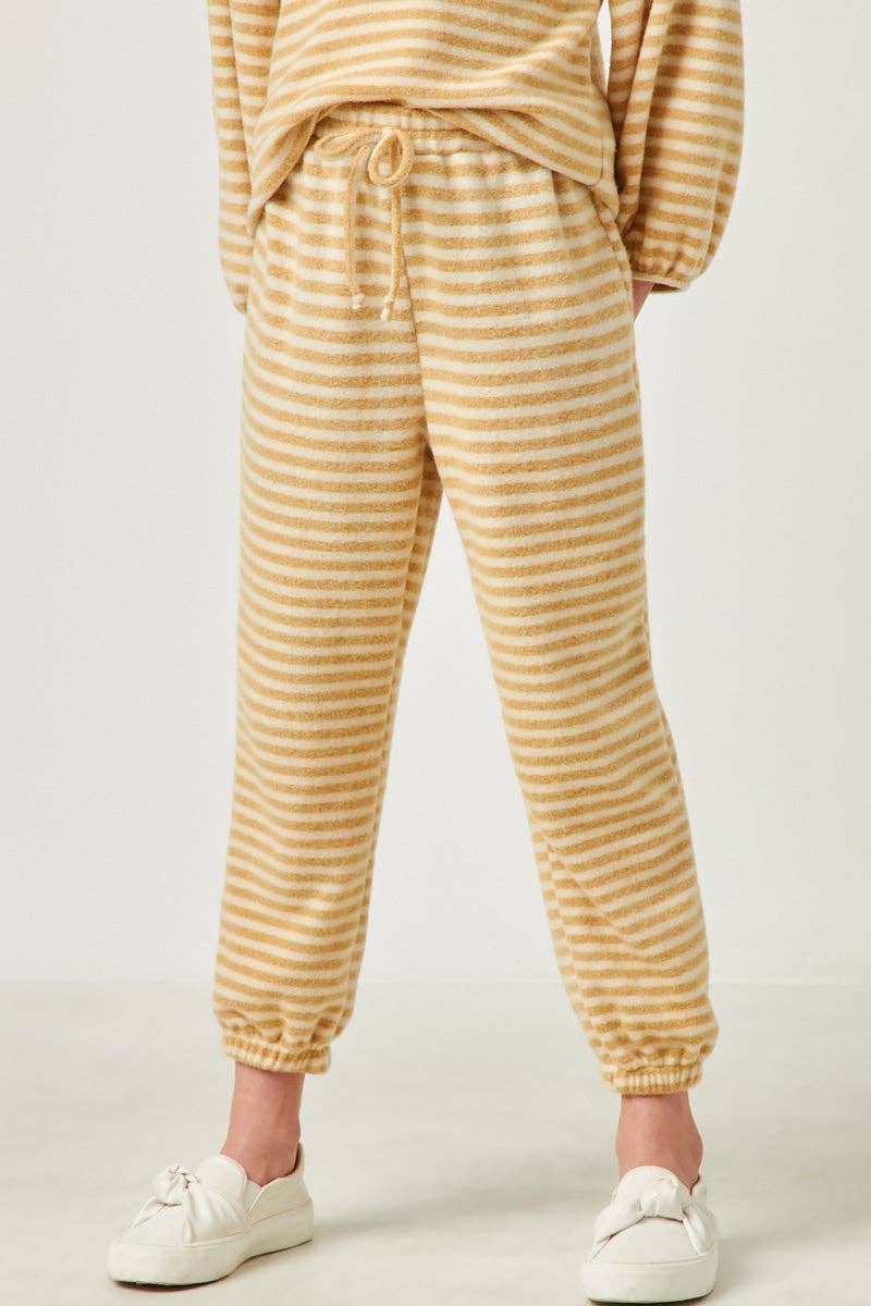 Girls Drawstring Waist Brushed Striped Jogger:Olive