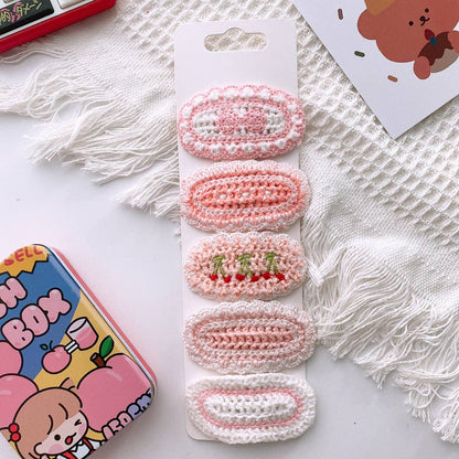 Five Cute Flower Knit Hair Clips for Girls: 5-Brown Set