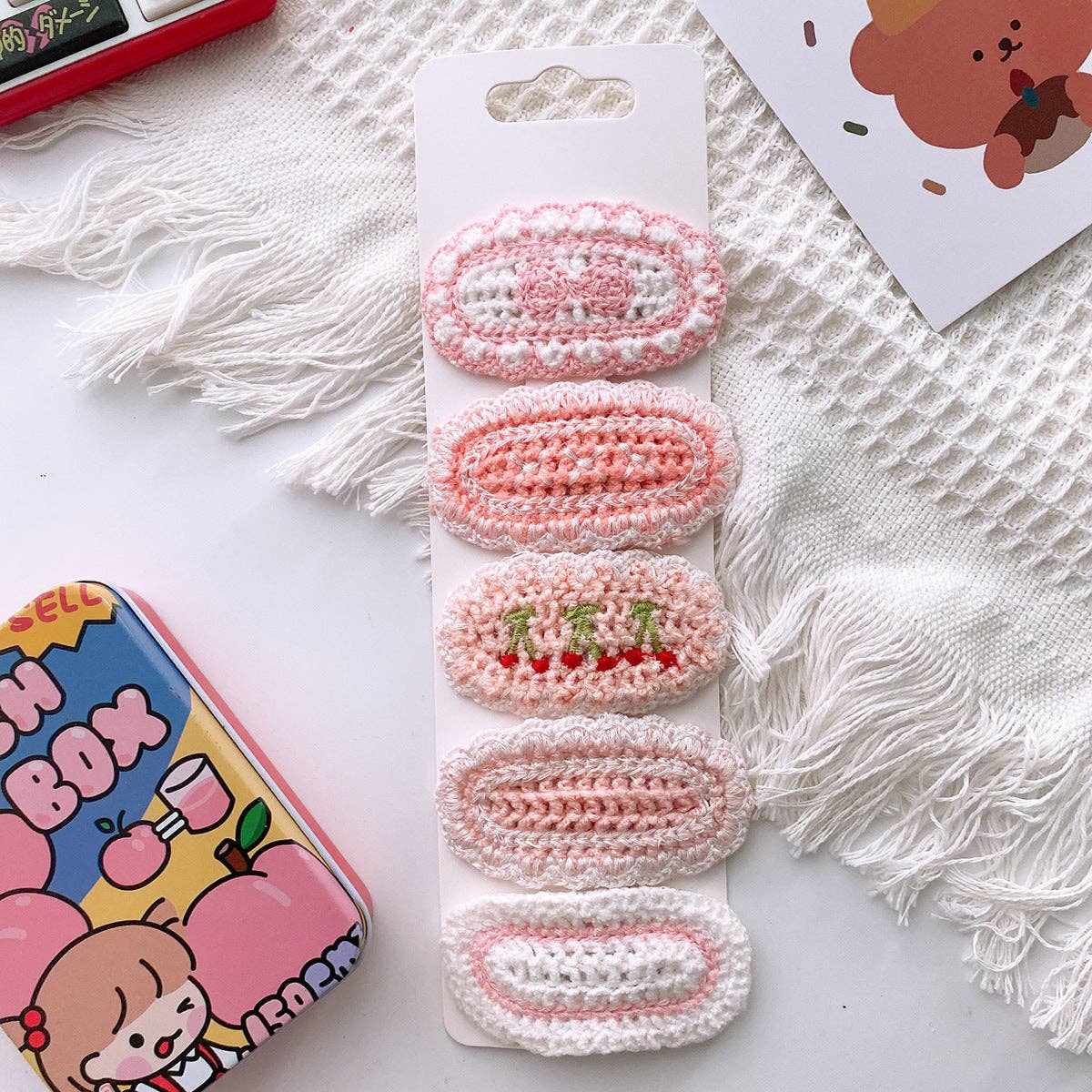 Five Cute Flower Knit Hair Clips for Girls: 1-Pink Set