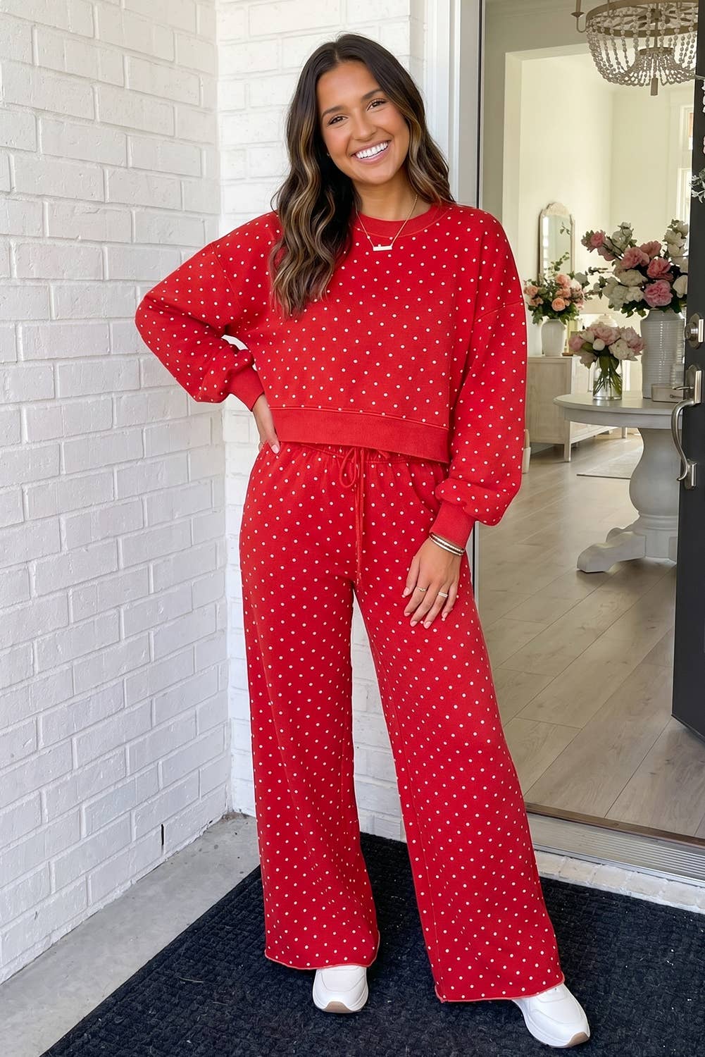 LAS Polka Dot Casual Shift Drawstring Pants Brown