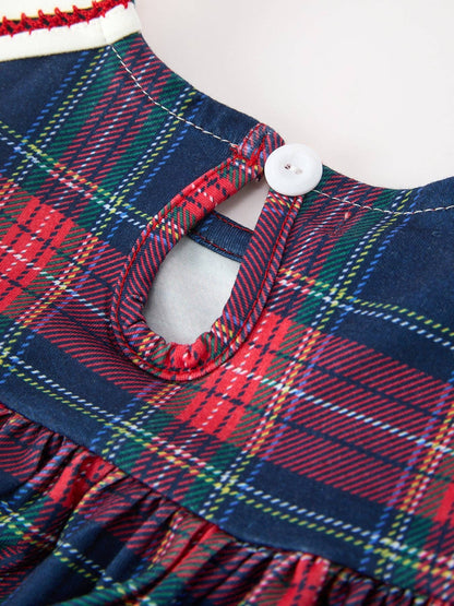 Navy Red Christmas Plaid Wreath Embroidered Girl Dress: 6