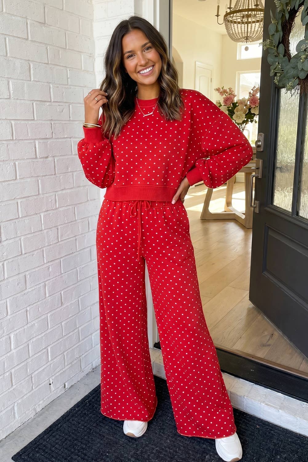 LAS Polka Dot Casual Shift Drawstring Pants Brown