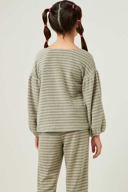 Girls Brushed Stripe Puff Sleeve Knit Top : Olive