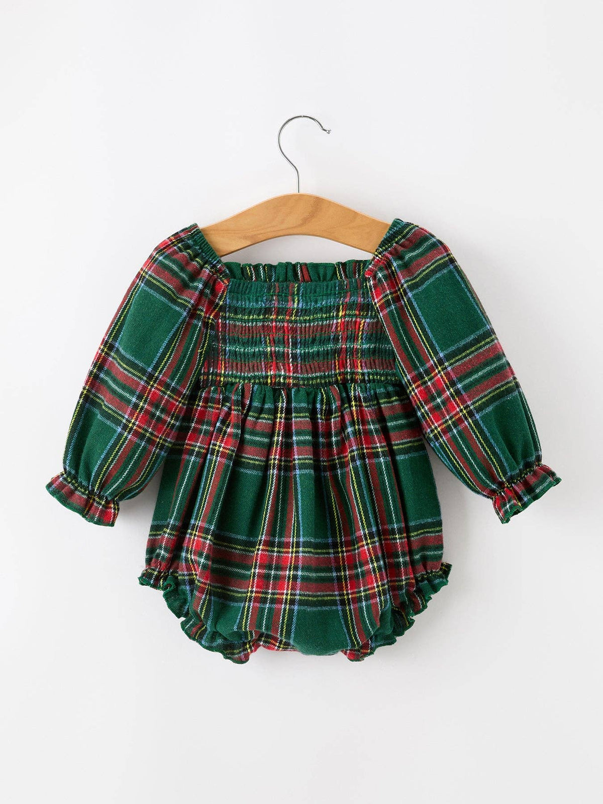 Christmas Plaid Smocked Baby Girl Bubble Romper Ruffle Detail: 18M