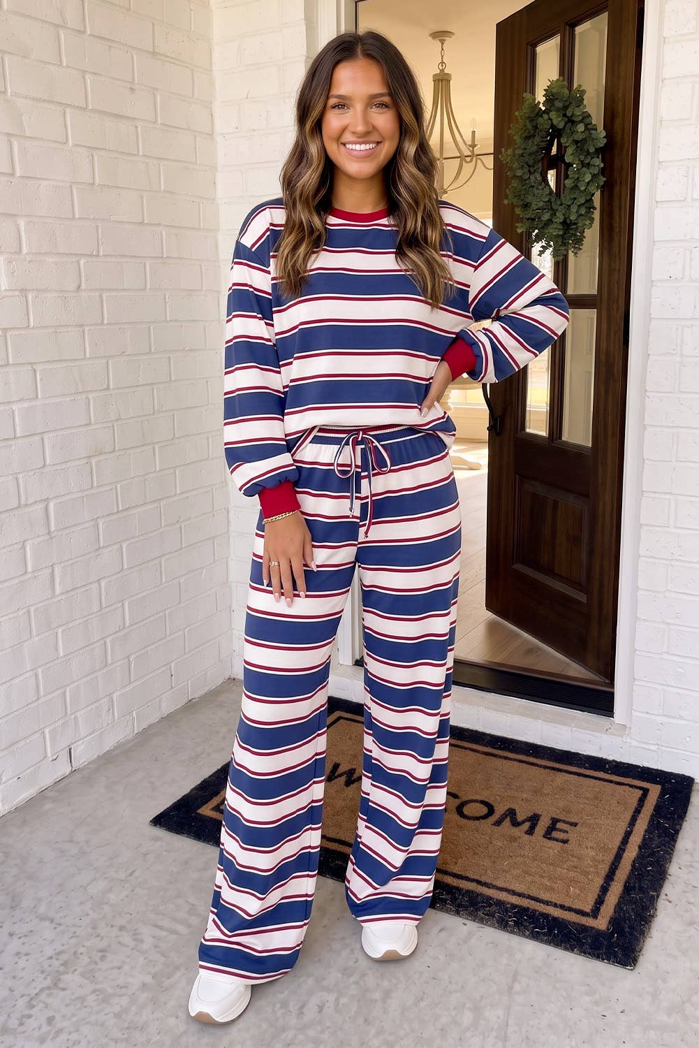 LAS Striped Patchwork Crew Neck Set Khaki Stripe