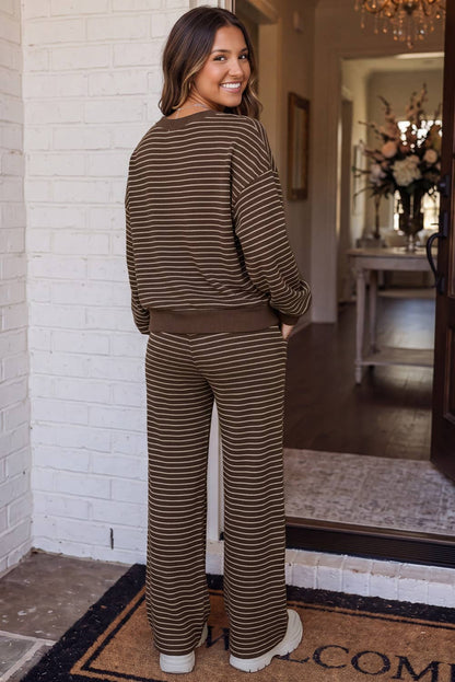 LAS Cozy Striped Crew Neck Pocketed Pants Set Brown Stripe