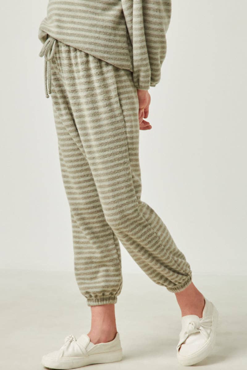 Girls Drawstring Waist Brushed Striped Jogger:Olive