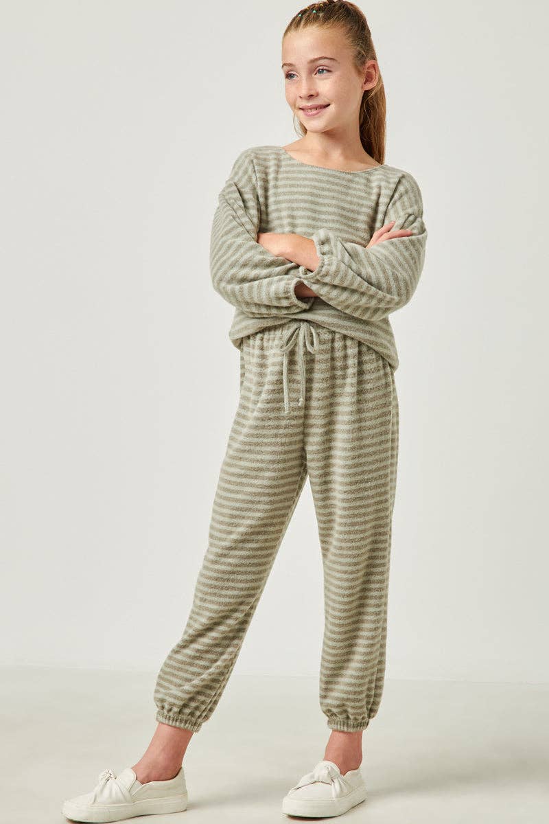 Girls Drawstring Waist Brushed Striped Jogger:Olive