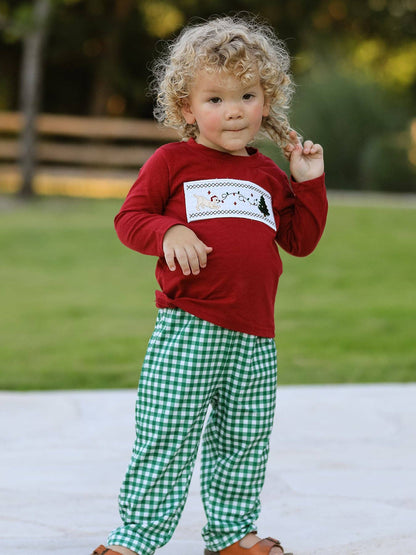 Christmas Tree Dog Smocking Embroidered  Plaid Boys Set: 4