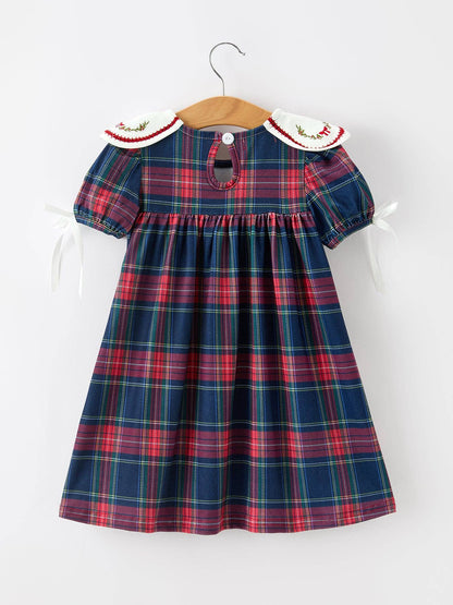 Navy Red Christmas Plaid Wreath Embroidered Girl Dress: 6