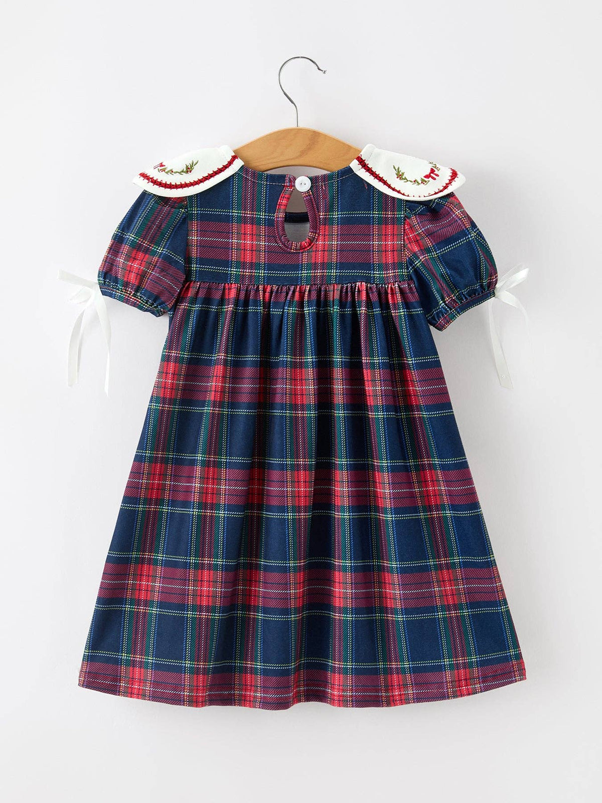 Navy Red Christmas Plaid Wreath Embroidered Girl Dress: 5