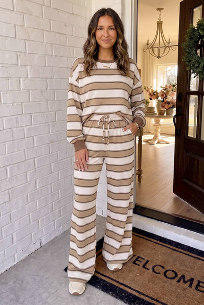 LAS Striped Patchwork Crew Neck Set Khaki Stripe