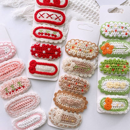 Five Cute Flower Knit Hair Clips for Girls: 5-Brown Set